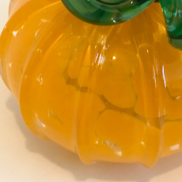 Art Blown Glass Pumpkin Curly Stem 3” Orange and Green - Picture 5 of 16